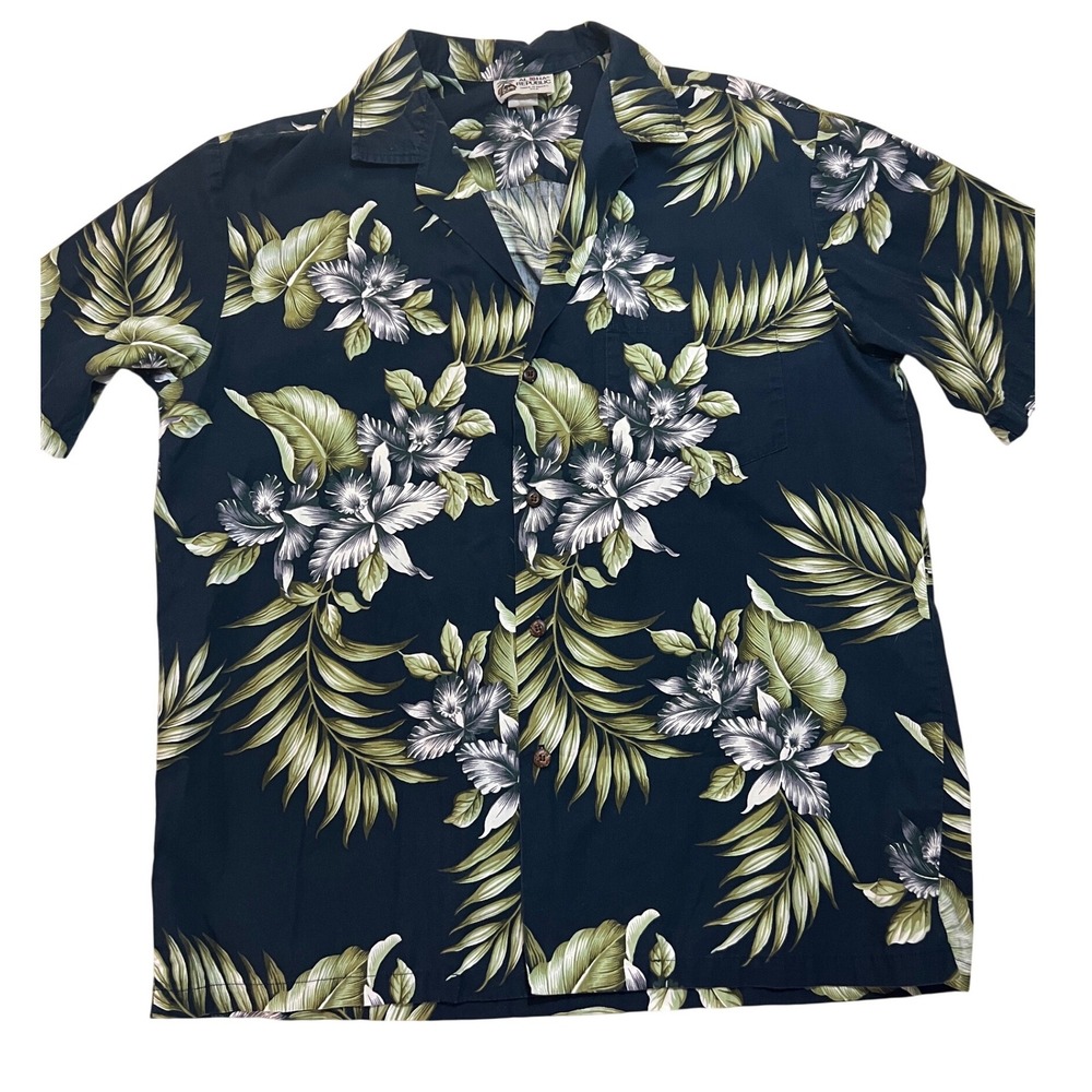 Aloha Republic Mens Hawaiian Shirt L Navy Blue Tropical Floral Cotton Hawaii USA